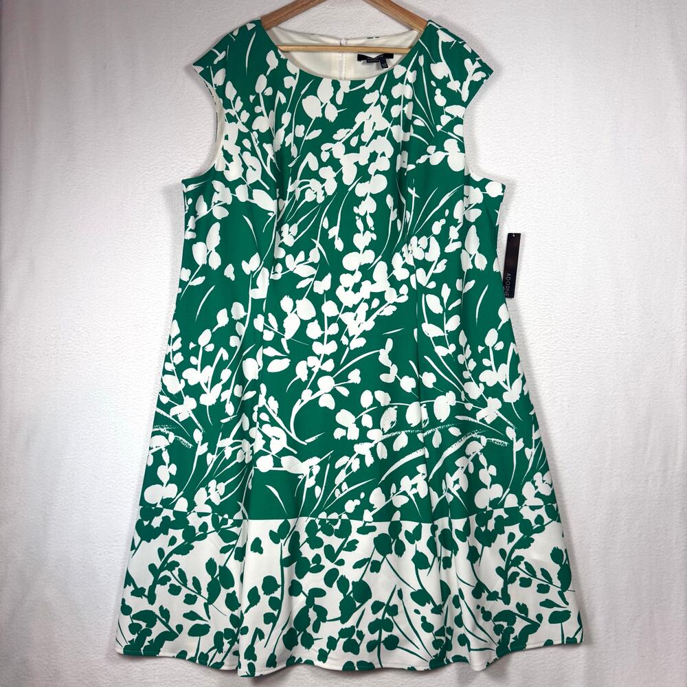 ADORNE Women's Green White Floral Fit & Flare Dress Sleeveless Plus Size 22W NWT
